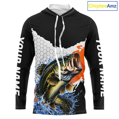 Black Orange Largemouth Bass Fishing Custom Long Sleeve Hooded Performance Fishing Shirts NBT1119