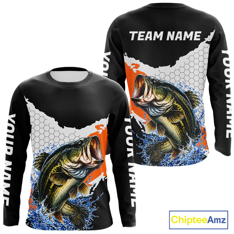 Black Orange Largemouth Bass Fishing Custom Long Sleeve Performance Fishing Shirts NBT1119