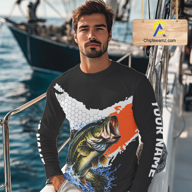 Black Orange Largemouth Bass Fishing Custom Long Sleeve Performance Fishing Shirts NBT1119
