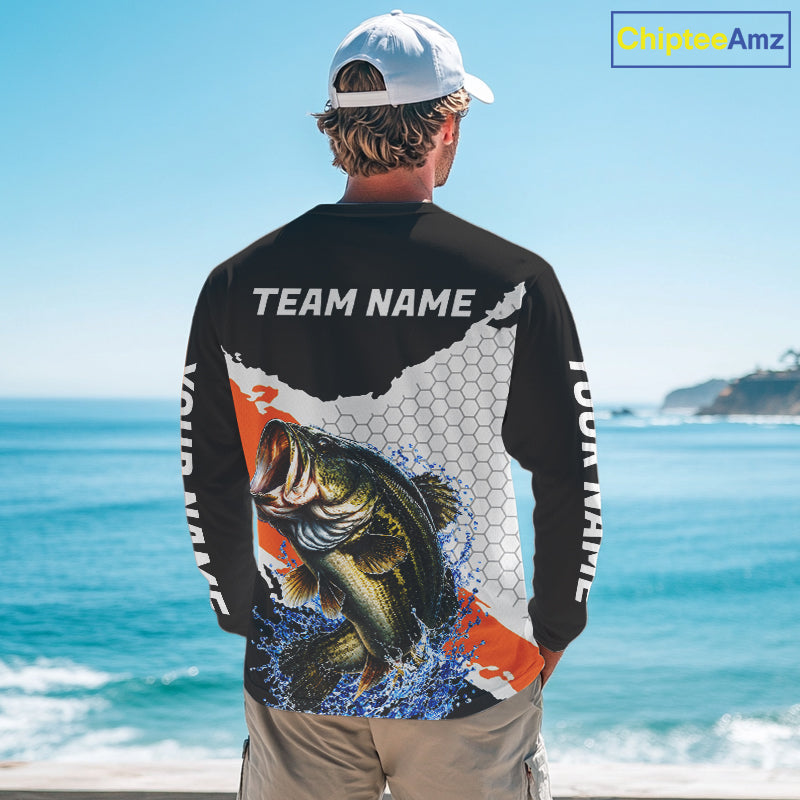 Black Orange Largemouth Bass Fishing Custom Long Sleeve Performance Fishing Shirts NBT1119