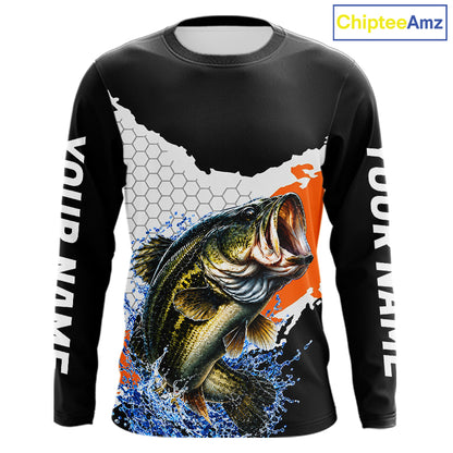 Black Orange Largemouth Bass Fishing Custom Long Sleeve Performance Fishing Shirts NBT1119