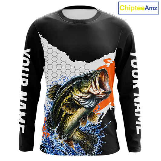 Black Orange Largemouth Bass Fishing Custom Long Sleeve Performance Fishing Shirts NBT1119