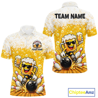 Custom Yellow Funny Bowling And Beer Jerseys, Bowling Team Men Polo Shirts Bowling League NBT1121