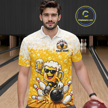 Custom Yellow Funny Bowling And Beer Jerseys, Bowling Team Men Polo Shirts Bowling League NBT1121