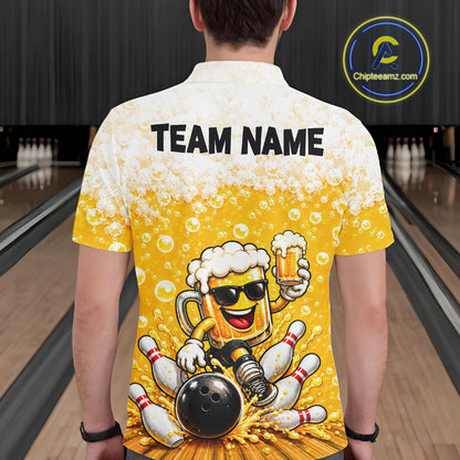 Custom Yellow Funny Bowling And Beer Jerseys, Bowling Team Men Polo Shirts Bowling League NBT1121