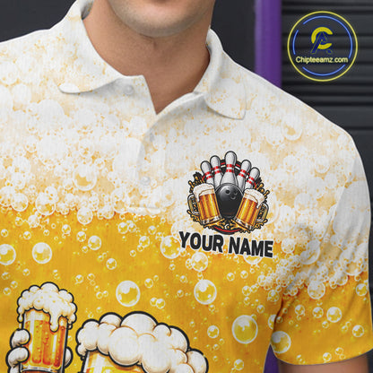Custom Yellow Funny Bowling And Beer Jerseys, Bowling Team Men Polo Shirts Bowling League NBT1121