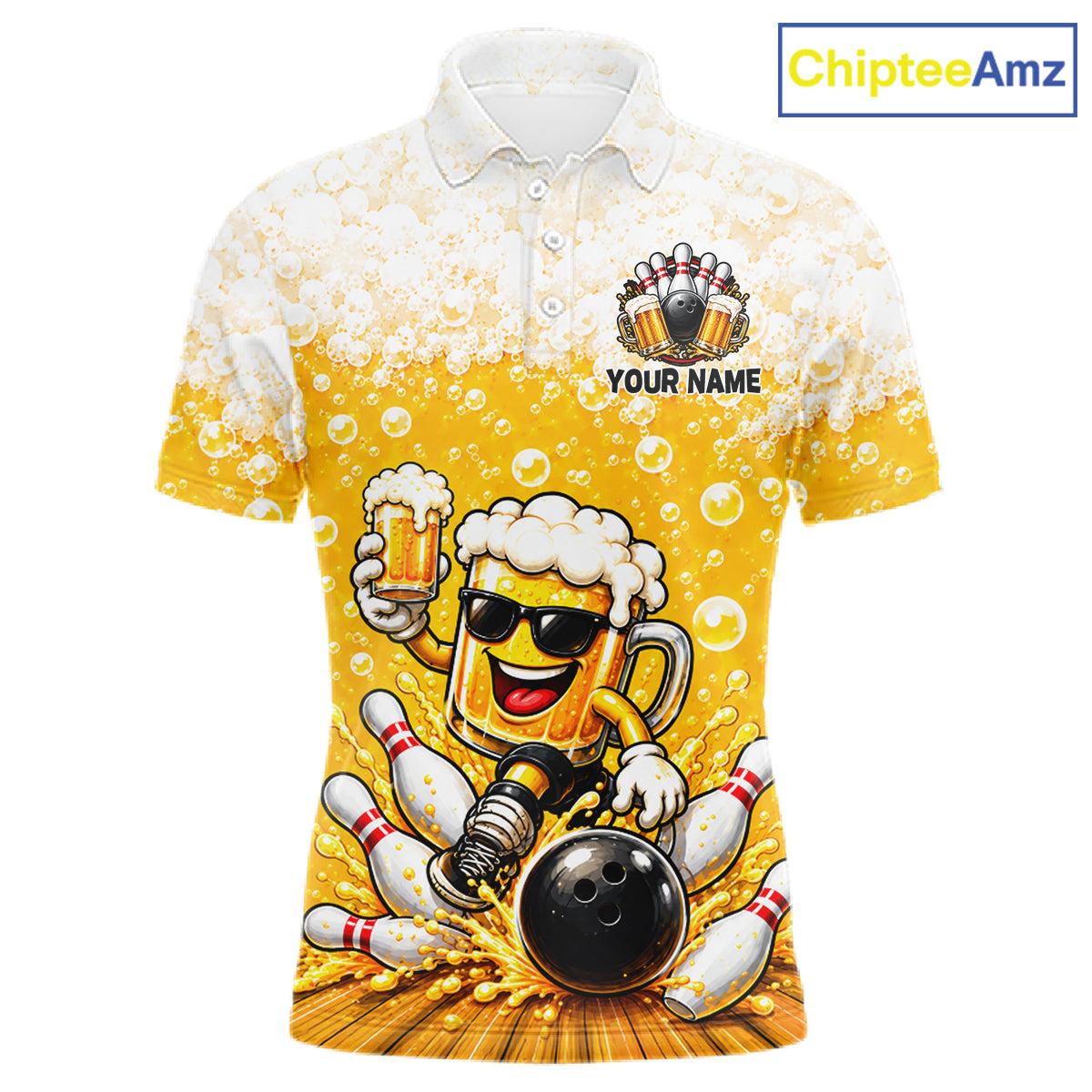 Custom Yellow Funny Bowling And Beer Jerseys, Bowling Team Men Polo Shirts Bowling League NBT1121