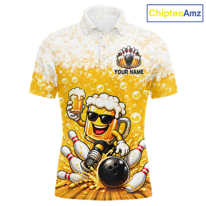 Custom Yellow Funny Bowling And Beer Jerseys, Bowling Team Men Polo Shirts Bowling League NBT1121