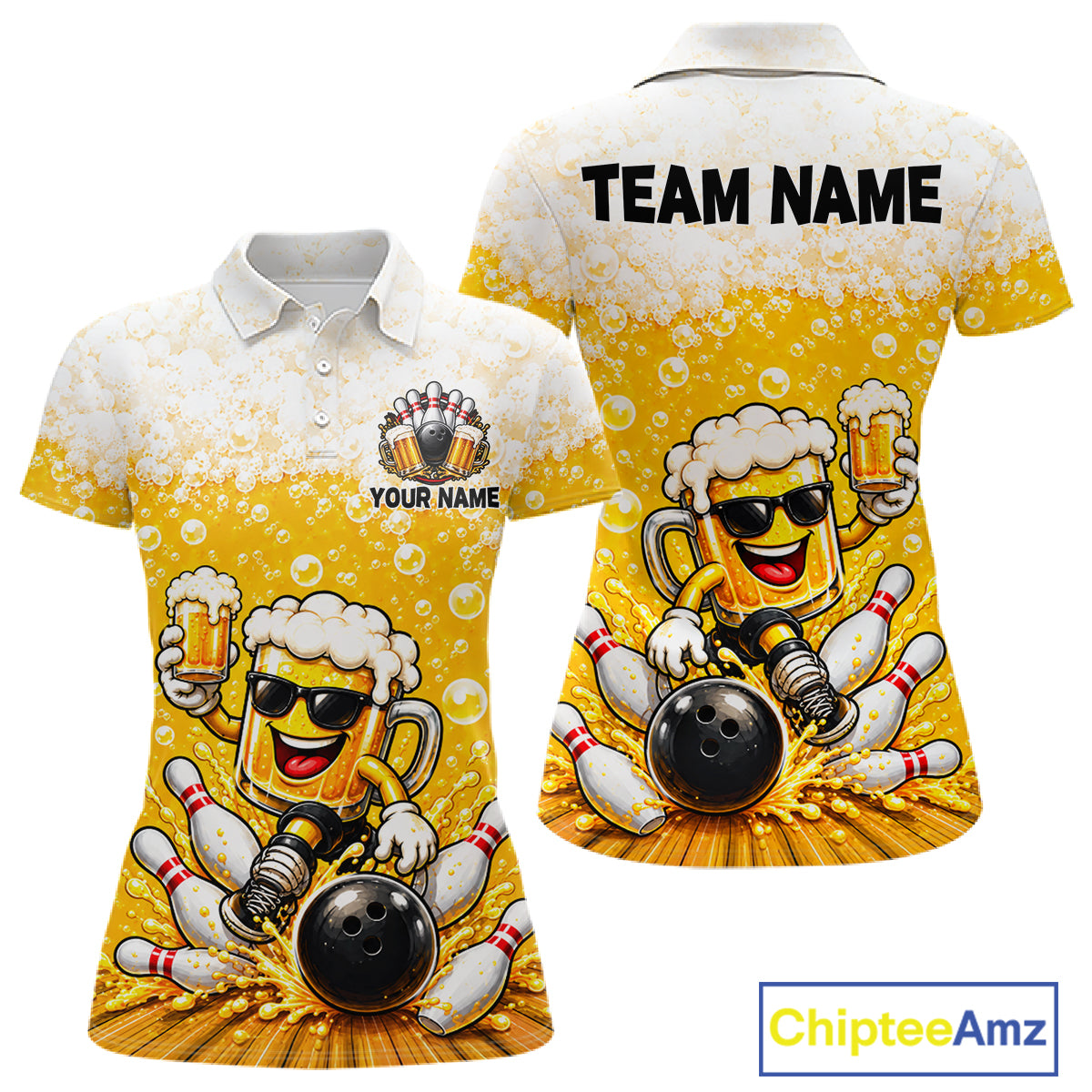 Custom Yellow Funny Bowling And Beer Jerseys, Bowling Team Women Polo Shirts Bowling League NBT1121