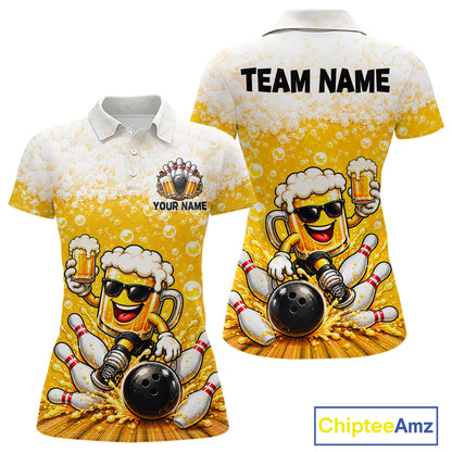 Custom Yellow Funny Bowling And Beer Jerseys, Bowling Team Women Polo Shirts Bowling League NBT1121