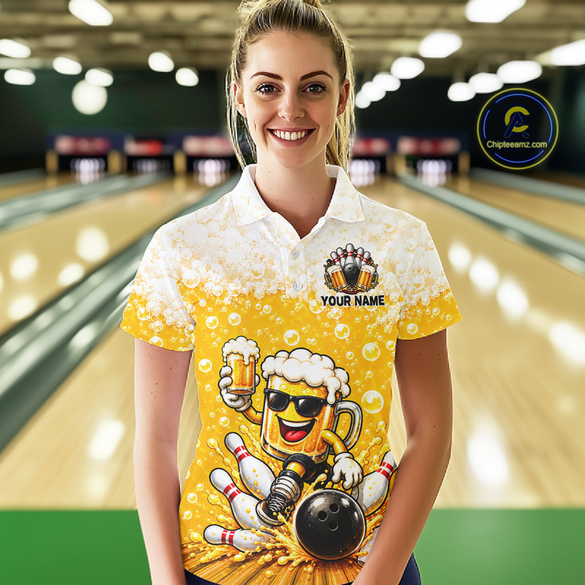 Custom Yellow Funny Bowling And Beer Jerseys, Bowling Team Women Polo Shirts Bowling League NBT1121