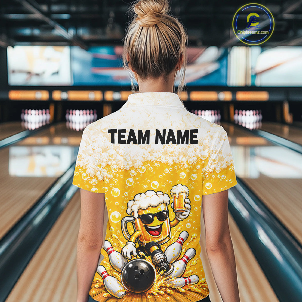 Custom Yellow Funny Bowling And Beer Jerseys, Bowling Team Women Polo Shirts Bowling League NBT1121