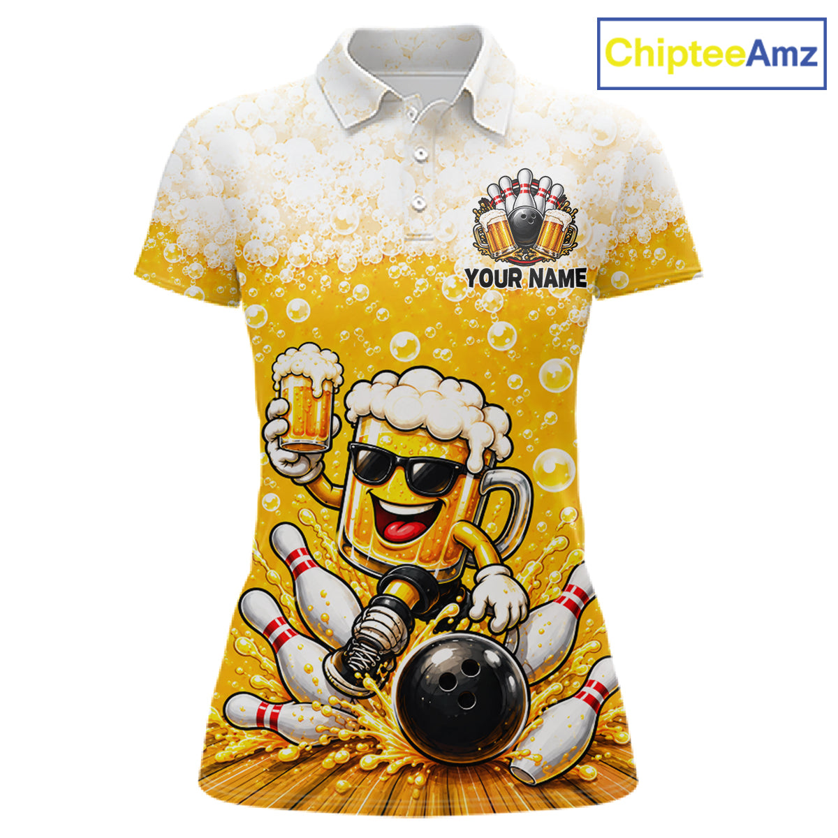 Custom Yellow Funny Bowling And Beer Jerseys, Bowling Team Women Polo Shirts Bowling League NBT1121
