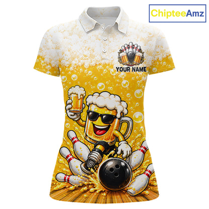 Custom Yellow Funny Bowling And Beer Jerseys, Bowling Team Women Polo Shirts Bowling League NBT1121
