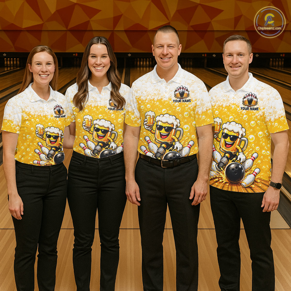 Custom Yellow Funny Bowling And Beer Jerseys, Bowling Team Men Polo Shirts Bowling League NBT1121