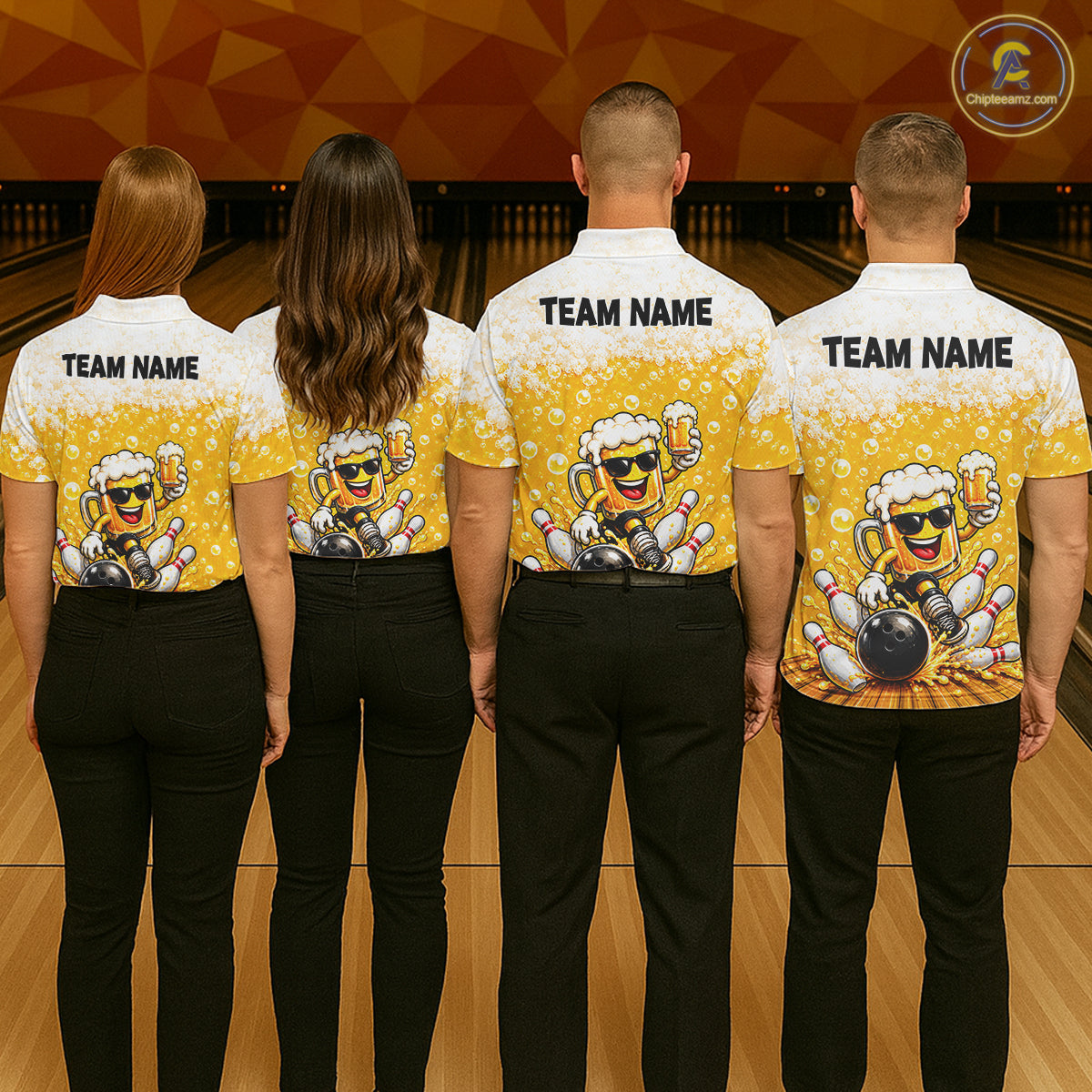 Custom Yellow Funny Bowling And Beer Jerseys, Bowling Team Men Polo Shirts Bowling League NBT1121