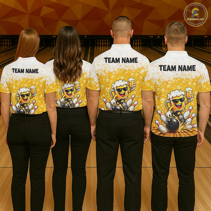 Custom Yellow Funny Bowling And Beer Jerseys, Bowling Team Men Polo Shirts Bowling League NBT1121