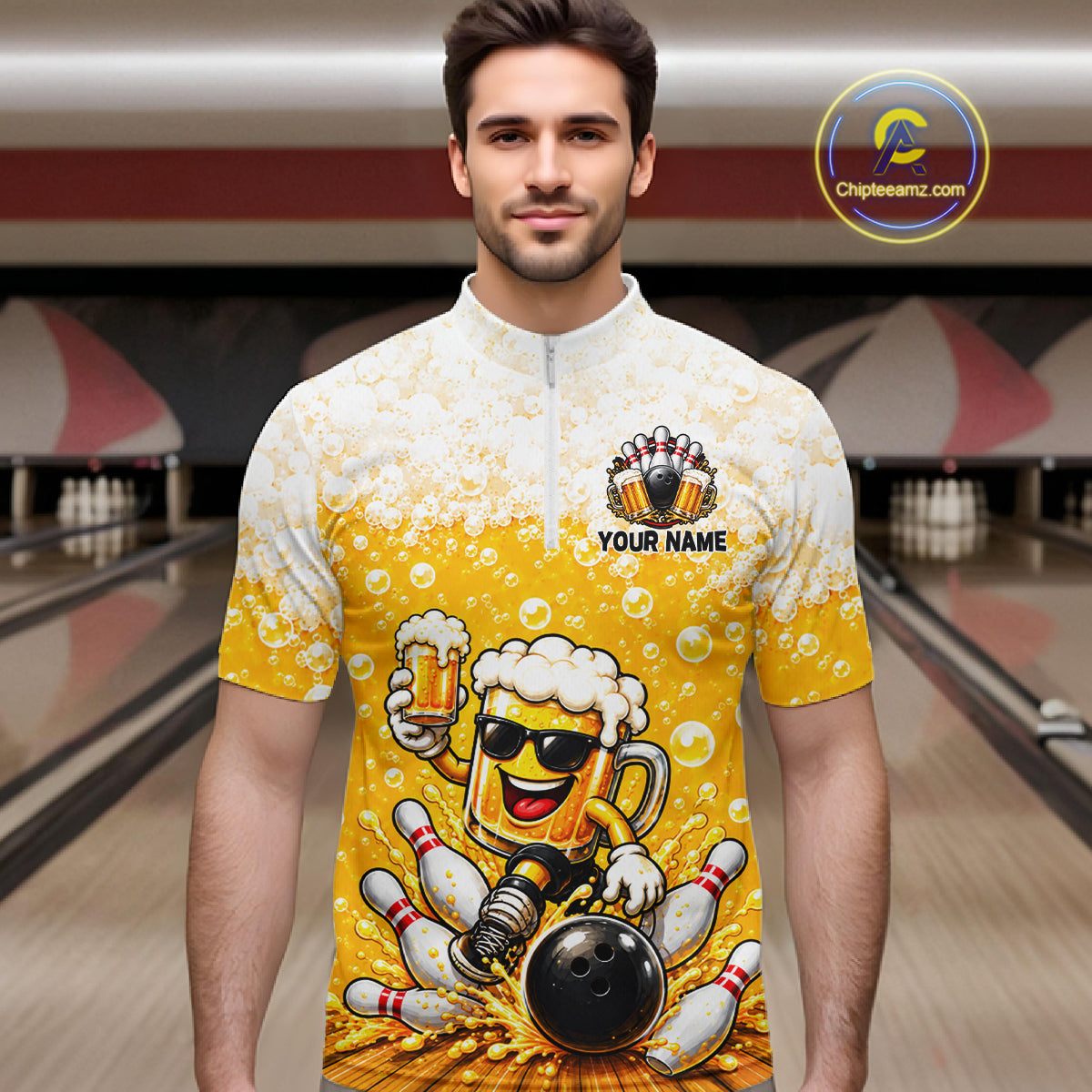 Custom Yellow Funny Bowling And Beer Jerseys, Bowling Team Men Polo Shirts Bowling League NBT1121