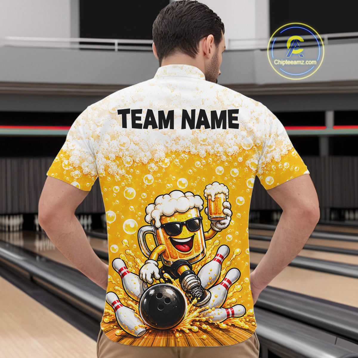Custom Yellow Funny Bowling And Beer Jerseys, Bowling Team Men Polo Shirts Bowling League NBT1121