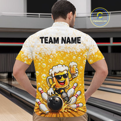 Custom Yellow Funny Bowling And Beer Jerseys, Bowling Team Men Polo Shirts Bowling League NBT1121