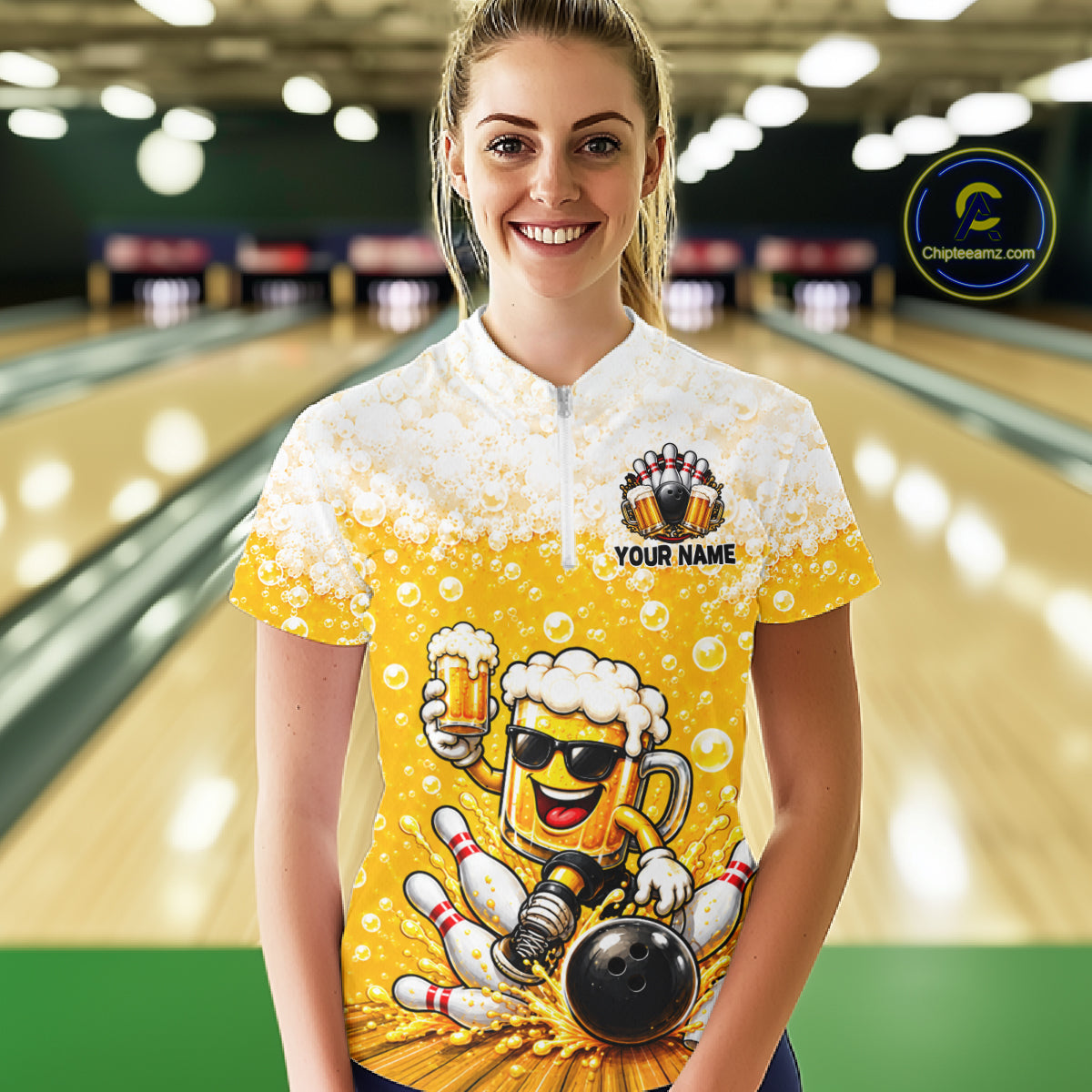 Custom Yellow Funny Bowling And Beer Jerseys, Bowling Team Women Polo Shirts Bowling League NBT1121