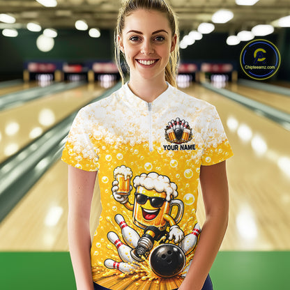 Custom Yellow Funny Bowling And Beer Jerseys, Bowling Team Women Polo Shirts Bowling League NBT1121