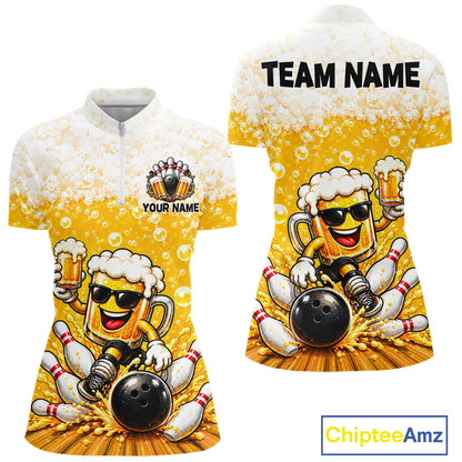 Custom Yellow Funny Bowling And Beer Jerseys, Bowling Team Women Polo Shirts Bowling League NBT1121