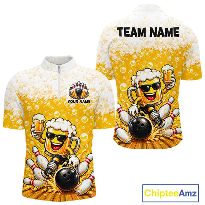 Custom Yellow Funny Bowling And Beer Jerseys, Bowling Team Men Polo Shirts Bowling League NBT1121