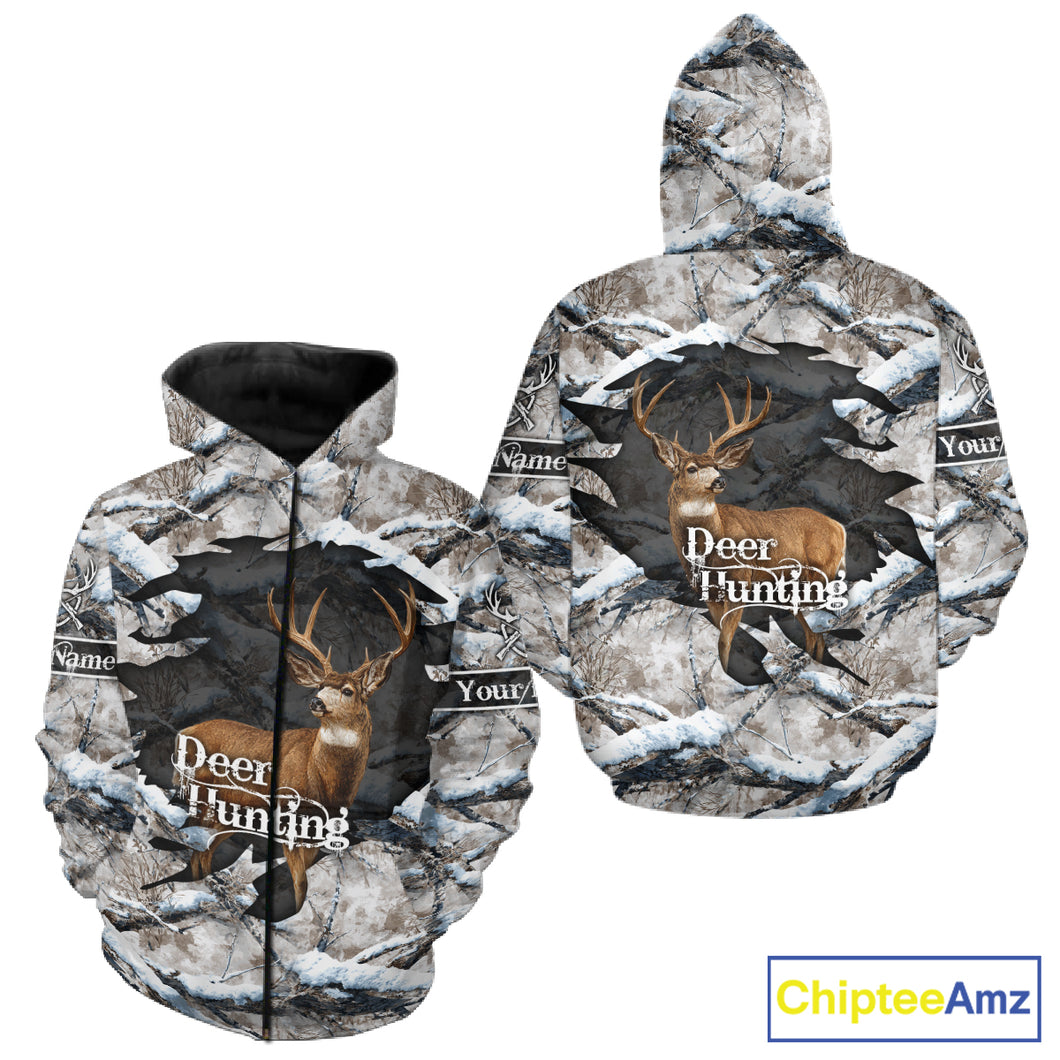 Whitetail Deer Hunting Shirts Custom Name Snow Camo, Deer Season Hunting Clothes For Men NBT273
