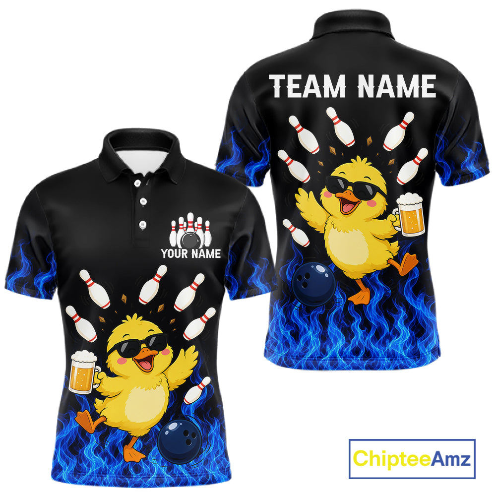 Blue Flame Funny Duck Bowling Team Shirt Customized Bowling Polo & 1/4 Zip Gift For Men NBT1129