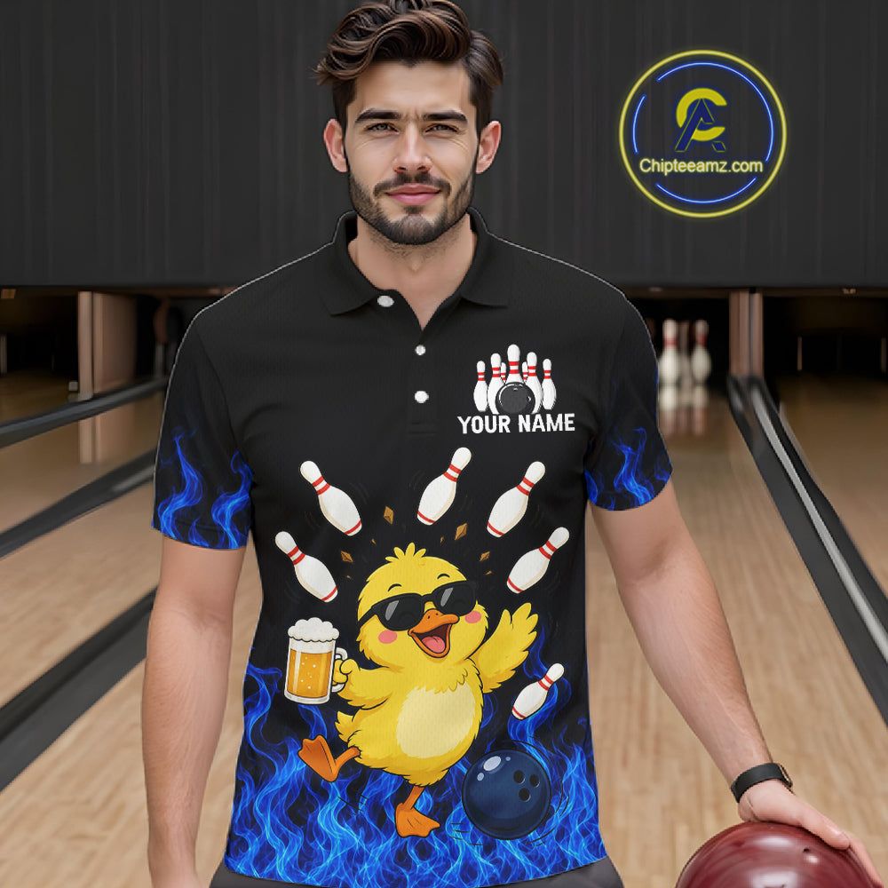 Blue Flame Funny Duck Bowling Team Shirt Customized Bowling Polo & 1/4 Zip Gift For Men NBT1129