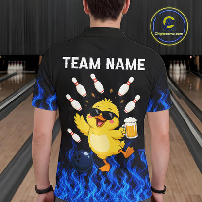 Blue Flame Funny Duck Bowling Team Shirt Customized Bowling Polo & 1/4 Zip Gift For Men NBT1129