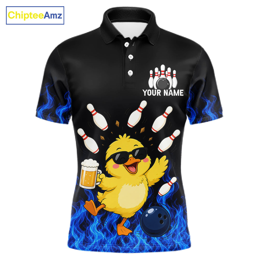 Blue Flame Funny Duck Bowling Team Shirt Customized Bowling Polo & 1/4 Zip Gift For Men NBT1129