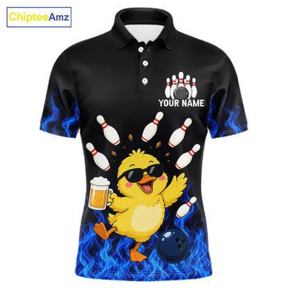Blue Flame Funny Duck Bowling Team Shirt Customized Bowling Polo & 1/4 Zip Gift For Men NBT1129