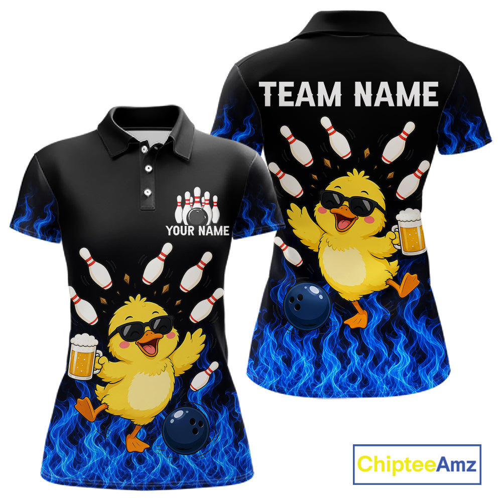 Blue Flame Funny Duck Bowling Team Shirt Customized Bowling Polo & 1/4 Zip Gift For Women NBT1129