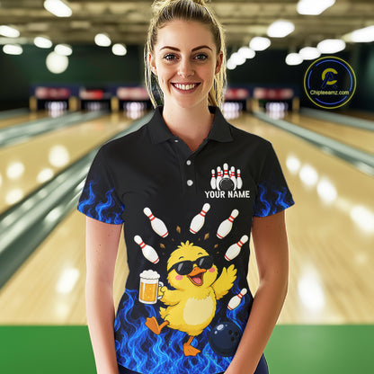 Blue Flame Funny Duck Bowling Team Shirt Customized Bowling Polo & 1/4 Zip Gift For Women NBT1129