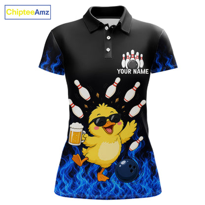 Blue Flame Funny Duck Bowling Team Shirt Customized Bowling Polo & 1/4 Zip Gift For Women NBT1129