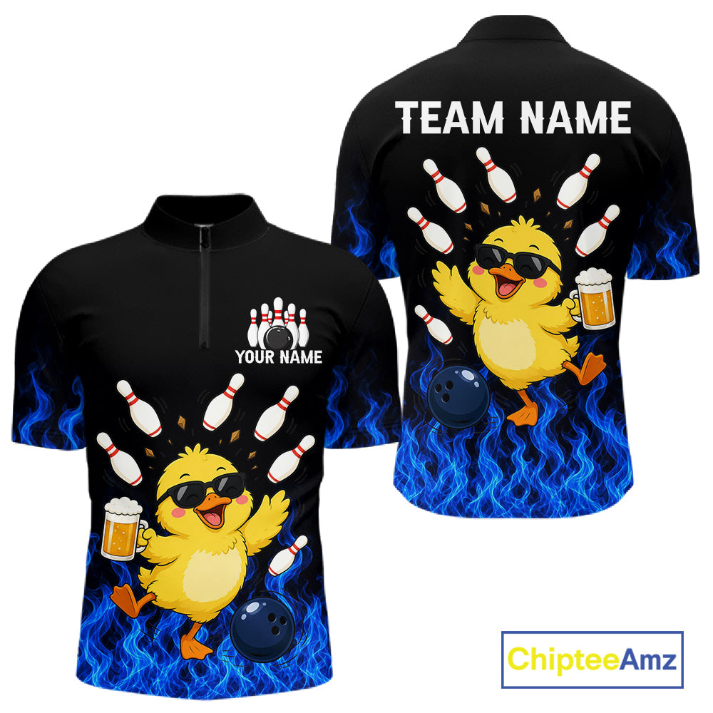 Blue Flame Funny Duck Bowling Team Shirt Customized Bowling Polo & 1/4 Zip Gift For Men NBT1129