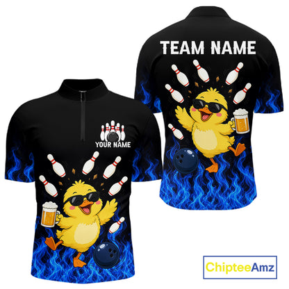 Blue Flame Funny Duck Bowling Team Shirt Customized Bowling Polo & 1/4 Zip Gift For Men NBT1129