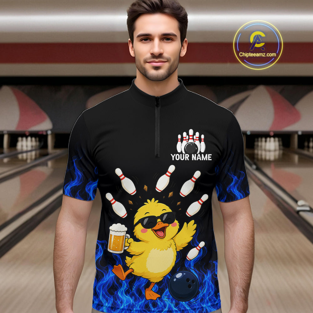 Blue Flame Funny Duck Bowling Team Shirt Customized Bowling Polo & 1/4 Zip Gift For Men NBT1129