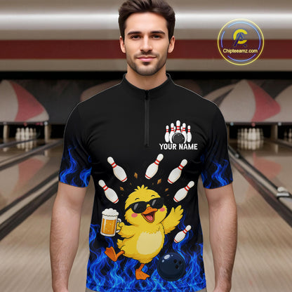 Blue Flame Funny Duck Bowling Team Shirt Customized Bowling Polo & 1/4 Zip Gift For Men NBT1129