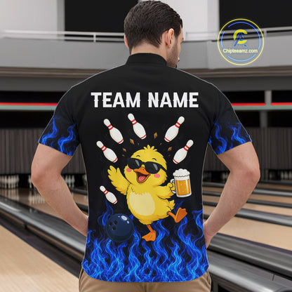 Blue Flame Funny Duck Bowling Team Shirt Customized Bowling Polo & 1/4 Zip Gift For Men NBT1129