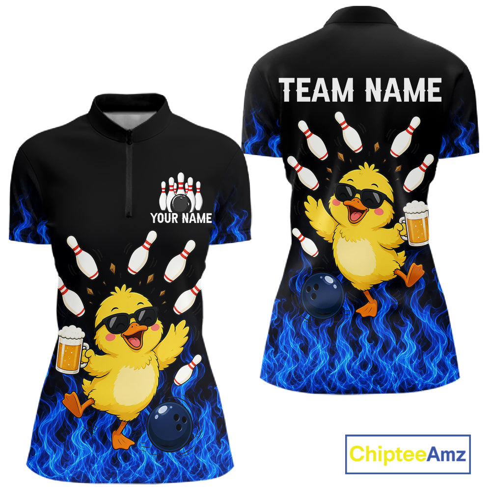 Blue Flame Funny Duck Bowling Team Shirt Customized Bowling Polo & 1/4 Zip Gift For Women NBT1129