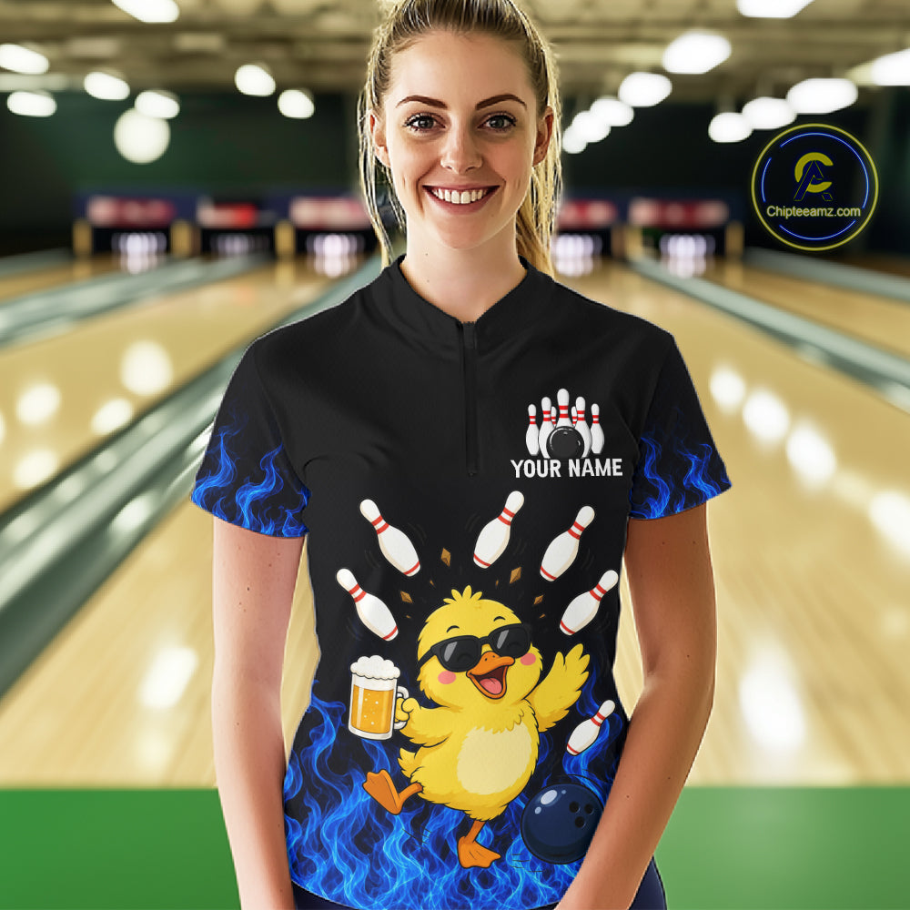 Blue Flame Funny Duck Bowling Team Shirt Customized Bowling Polo & 1/4 Zip Gift For Women NBT1129