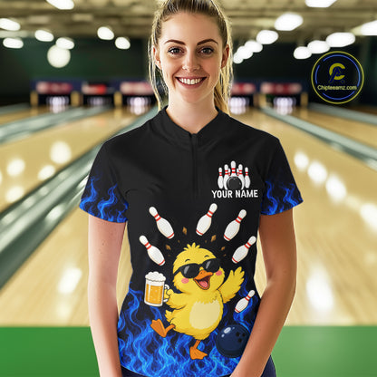 Blue Flame Funny Duck Bowling Team Shirt Customized Bowling Polo & 1/4 Zip Gift For Women NBT1129