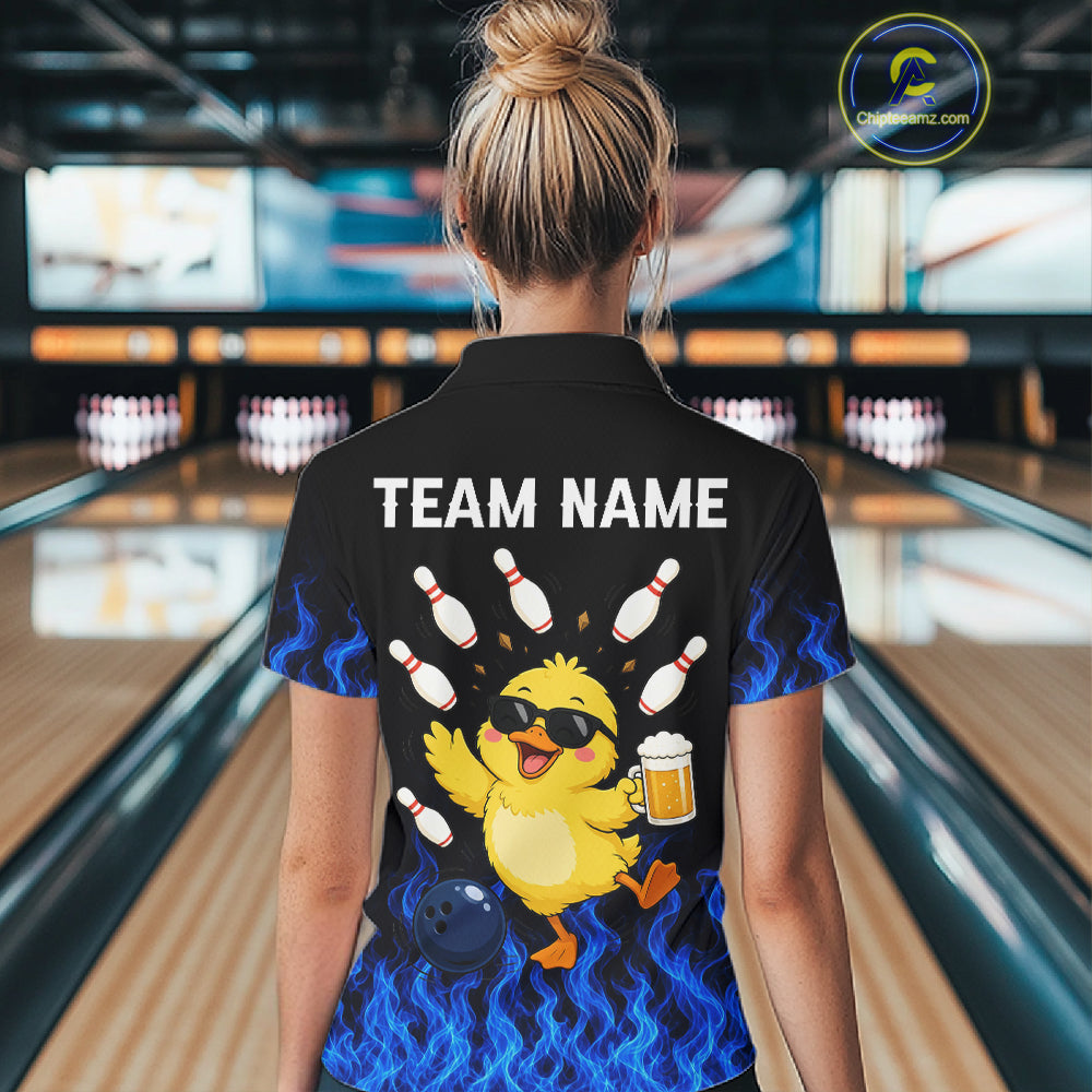 Blue Flame Funny Duck Bowling Team Shirt Customized Bowling Polo & 1/4 Zip Gift For Women NBT1129