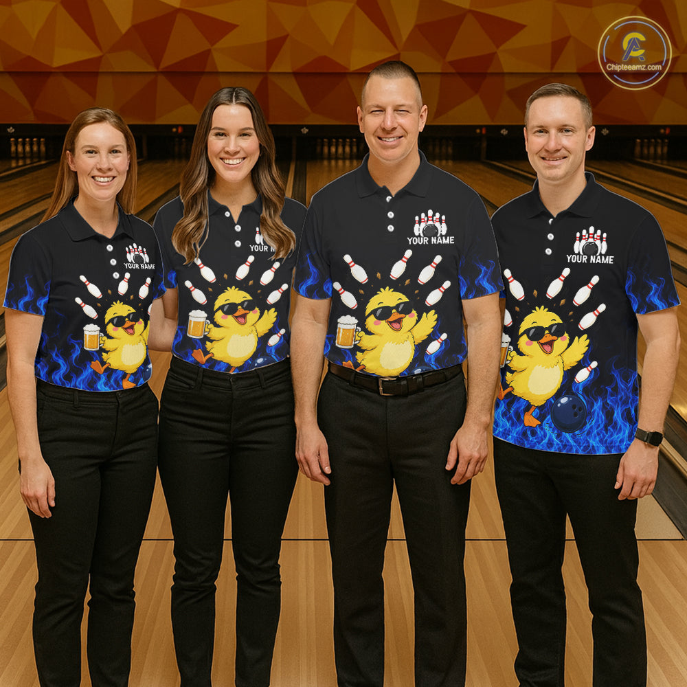 Blue Flame Funny Duck Bowling Team Shirt Customized Bowling Polo & 1/4 Zip Gift For Men NBT1129