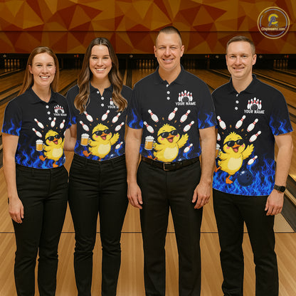 Blue Flame Funny Duck Bowling Team Shirt Customized Bowling Polo & 1/4 Zip Gift For Men NBT1129