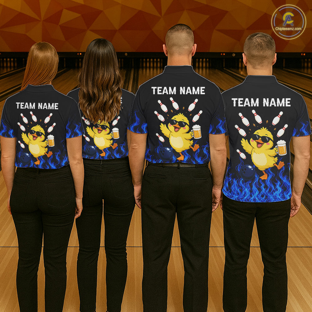 Blue Flame Funny Duck Bowling Team Shirt Customized Bowling Polo & 1/4 Zip Gift For Men NBT1129