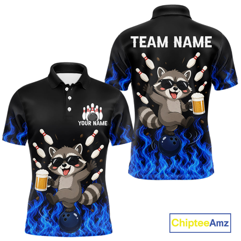 Blue Flame Funny Raccoon Bowling Team Shirt Customized Bowling Polo & 1/4 Zip Gift For Men NBT1130